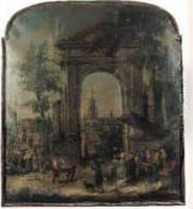 Scene De Marche Aux Poissons Devant Une Ville Flamande by Petrus Norbertus Van Reysschoot