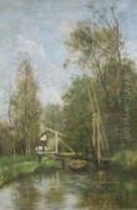 Hollandische Landschaft Mit Kleinem Fluss Und Kahn Hollandische Landschaft Mit Kleinem Fluss Und Kahn