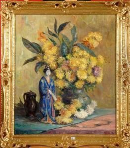 Nature Morte Aux Fleurs Et A La Statuette Chinoise by Willy Van Riet