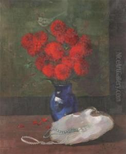 Still Life With Dahlia, Shell And Pearl Necklace by Willy Van Riet