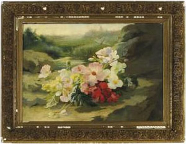 Still Life Of Flowers With Dragonflies In Front Of A Lake - view 1