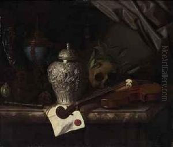 Violin, A Skull Draped With Laurel Branches, A Silver Ginger Jar, Arecorder, A Letter With A Red Seal, A Silver Gilt Hardstone Cup Anda Silver Dish On A Marble Ledge - view 1