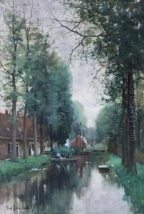 Cottages By A Quiet Waterway by Fredericus Jacobus Van Rossum Du Chattel
