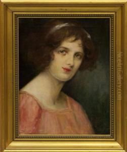 Portrait Of A Young Lady Wearing A Pink Dress by Dolf van Roy