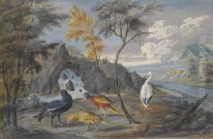 A Stork, A Pheasant, A Blackcock And Another Bird In Alandscape by Willem Van Royen