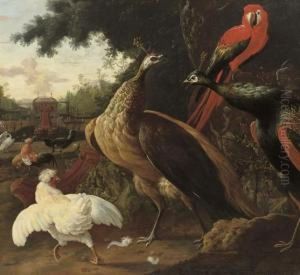 A Parrot, Peacocks, Hens And Other Birds In A Park Landscape