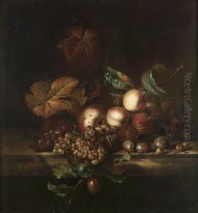 Peaches And Apples In An Upturned Basket With Grapes And Plums On A Marble Ledge by Willem Frederik van Royen