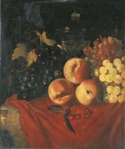 Des Peches, Des Cerises, Du Raisin Et Un Verre Sur Un Entablement Drape by Willem Frederik van Royen