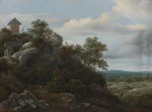 Landscape With Houses On A Rocky Hill With A View Of A Plain Beyond by Jacob Van Ruisdael
