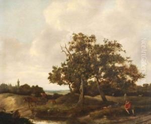 Travellers And A Cart Passing A Shepherd And His Flock
