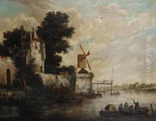 Barges Approaching A Shore, With A Windmill In The Distance - view 1