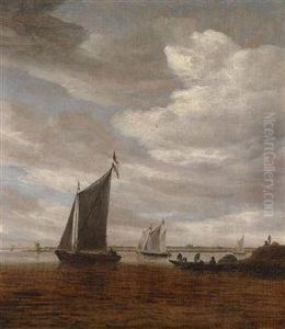 A River Estuary With Sailing Boats And A Rowing Boat by Salomon van Ruysdael