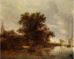 Flussuferlandschaft Mit Fahrboot Und Kahnen Vor Hohem Baum by Salomon van Ruysdael