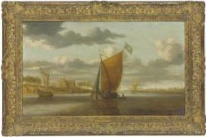 An Extensive River Landscape With Two Vessels And Other Boats, A Church Beyond by Salomon van Ruysdael