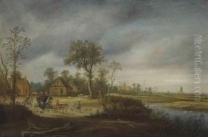 A River Landscape With Travellers On A Track, A Town Beyond by Salomon van Ruysdael