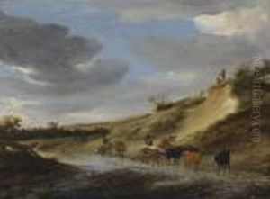 An Extensive Landscape With Cattle And Their Herdsmen Following A Partly Flooded Country Road by Salomon van Ruysdael