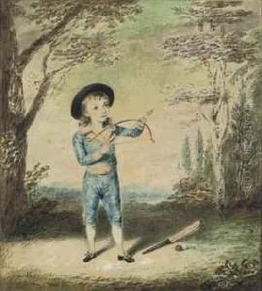 Portrait Of A Young Archer, Small Full-length, Standing In A Landscape, A Cricket Bat And Ball On The Ground Beside Him - view 1