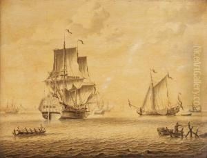 A Three-master, A 'statenjacht' And Other Ships On A Calm by Adriaen Cornelisz. Van Salm