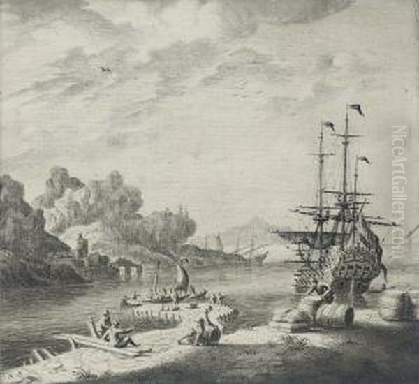 A Dutch Man'o-war At Anchor In The Mediterranean, Lying Off A Jetty, With Figures On The Foreshore Signed With Initials 'a.s.' - view 1