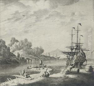 A Dutch Man'o-war At Anchor In The Mediterranean, Lying Off A Jetty, With Figures On The Foreshore Signed With Initials 'a.s.'