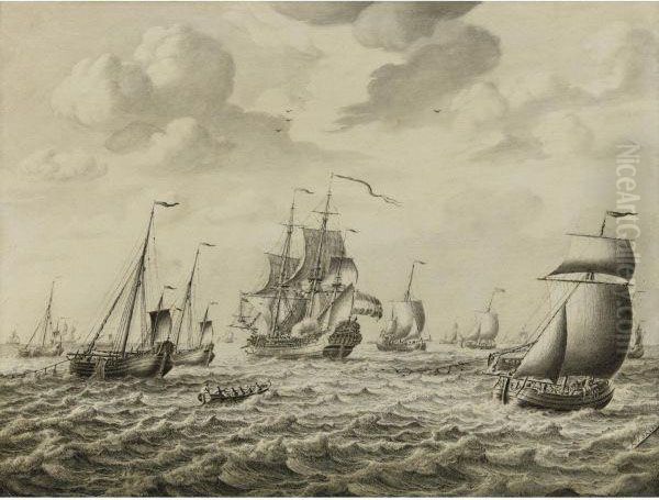 A Dutch Man-of-war Firing A Salute, With A Flotilla Of Fishingboats And Other Shipping Beyond: A Penschilderij - view 1