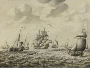 A Dutch Man-of-war Firing A Salute, With A Flotilla Of Fishingboats And Other Shipping Beyond: A Penschilderij
