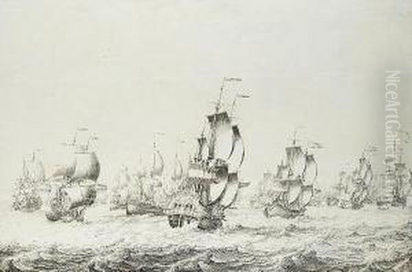 A Fleet Of Dutch Bootschepen Escorted By Men-o"war, One Being The Frigate `t Wapen Van Schiedam - A Penschilderij - view 1