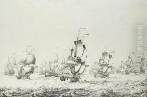 A Fleet Of Dutch Bootschepen Escorted By Men-o"war, One Being The Frigate `t Wapen Van Schiedam - A Penschilderij by Adriaen Cornelisz. Van Salm