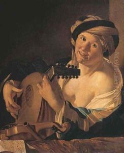A woman playing the lute, a violin, flute and music on a draped ledge before her by Dirck Van Baburen