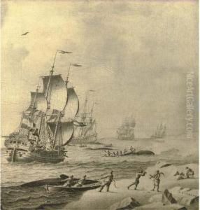 Whaling Ships In Rough Waters With Whale Hunters Bringing In Their Catch; En Grisaille by Adriaen Cornelisz. Van Salm