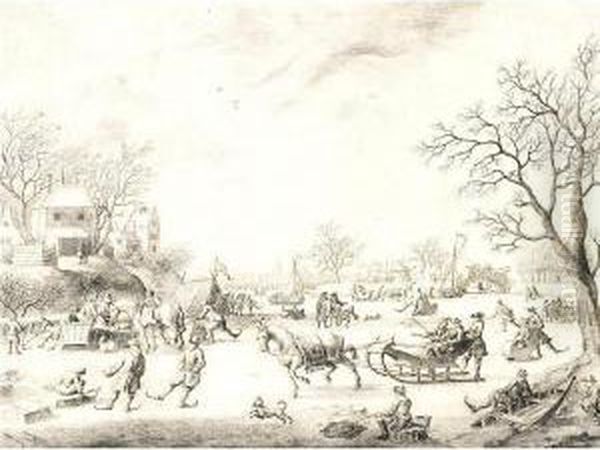 A Winter Landscape With Skaters, Kolf Players And Elegant Townsfolk On A Frozen River - view 1