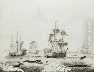 The Dutch Whalers Groenlandia And De Vroux Leonora With Other Shipping In Arctic Waters - A Penschilderij by Regnier Van Salm