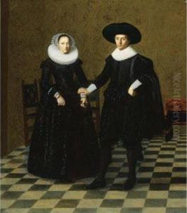 Portrait Of A Gentleman And His Wife In Black Embroidered Dresswith White Collars, Standing Full Length In An Interior by Dirck Verhaert