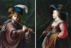 Ritratto Di Giovane Flautista In Costume Da Pastore; Ritratto Di Giovane Donna In Costume Da Pastorella by Dirck Verhaert