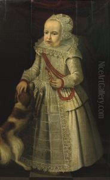 Portrait Of A Girl, Full-length, In A White Embroidered Dress Withlace Collar And Headdress, Wearing A Coral Necklace, A Dog By Herside - view 1