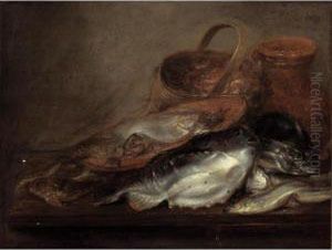 A Still Life With Soles And Other Fish On A Plate, Shrimps In A Basket And Lumpsuckers Together With Other Fish, All On A Wooden Table by Pieter Van Schaeyenborg