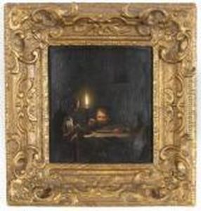 A Candle Lit Interior With Children At Table by Godfried Schalcken
