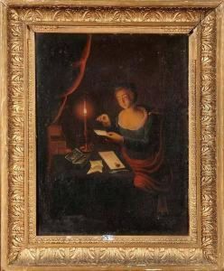 Jeune Fille Ecrivant A La Lueur De La Bougie by Godfried Schalcken