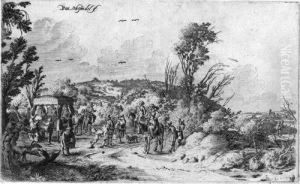 Landschaft Mit Kutsche Und Reitern Auf Einer Strase