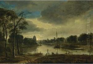 A River Landscape By Night With A Fisherman Repairing His Net And Other Fishermen In Sailing Boats by Gillis Van Scheyndel