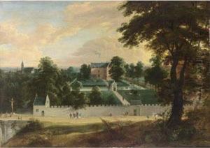 A View Of A Castle Surrounded By A Walled Landscape Garden With A Moat, With Figures And Horsemen On A Path In The Foreground Near A Statue Of Christ On A Bridge, A Town With A Cathedral And A Church In The Background by Willem Van Schoor