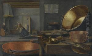 A Kitchen Still Life With Pots And Pans On A Stone Ledge And Animated Figures In The Background