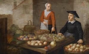 A Market Scene With Two Fruit And Vegetablevendors