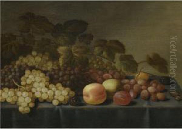 Still Life With Grapes, Loganberries, Plums, An Apple And A Glasstogether On A Table - view 1