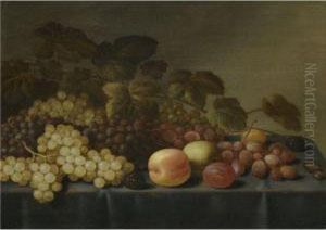 Still Life With Grapes, Loganberries, Plums, An Apple And A Glasstogether On A Table by Floris Gerritsz. van Schooten