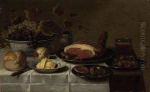 White And Blue Grapes In A 'kraak' Porcelain Bowl, A Loaf Of Bread,a Knife, Butter On A Porcelain Plate, A Biscuit And Medlar On Asilver Plate, A Mug Of Beer, A Joint Of Ham On A Third Silverplate, by Floris Gerritsz. van Schooten