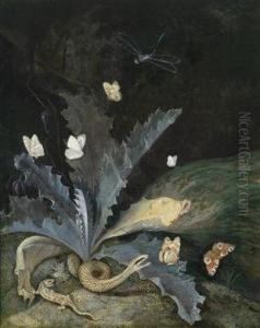 Piece Of Turf With A Snake Under A Thistle, A Lizard And A Snail