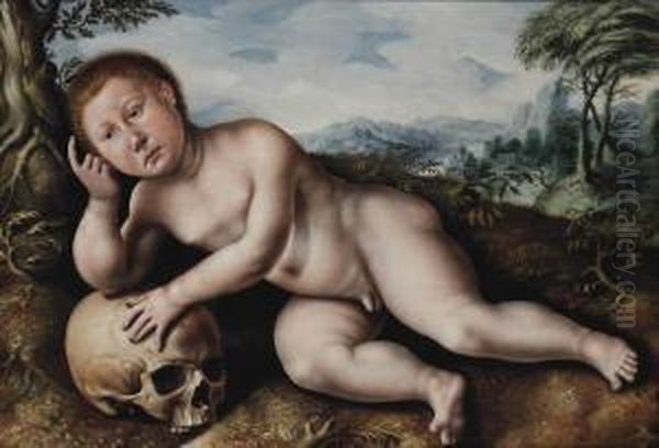 A Young Boy Contemplating On A Skull In A Landscape - view 1