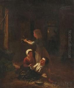 Children Playing With Bubbles In A Barn by Henri van Seben