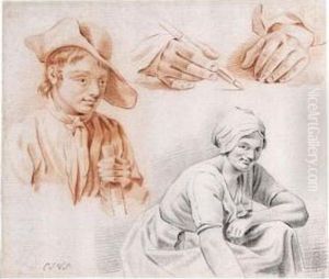 Studies Of A Boy, A Young Woman And Of A Pair Of Hands Holding A Pencil by Karel Jakob Baar Van Slangenburgh